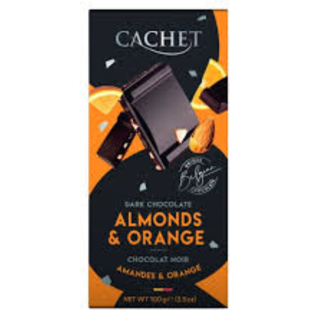 CACHET DARK CHOC WITH ORANGE & ALMONDS 100G